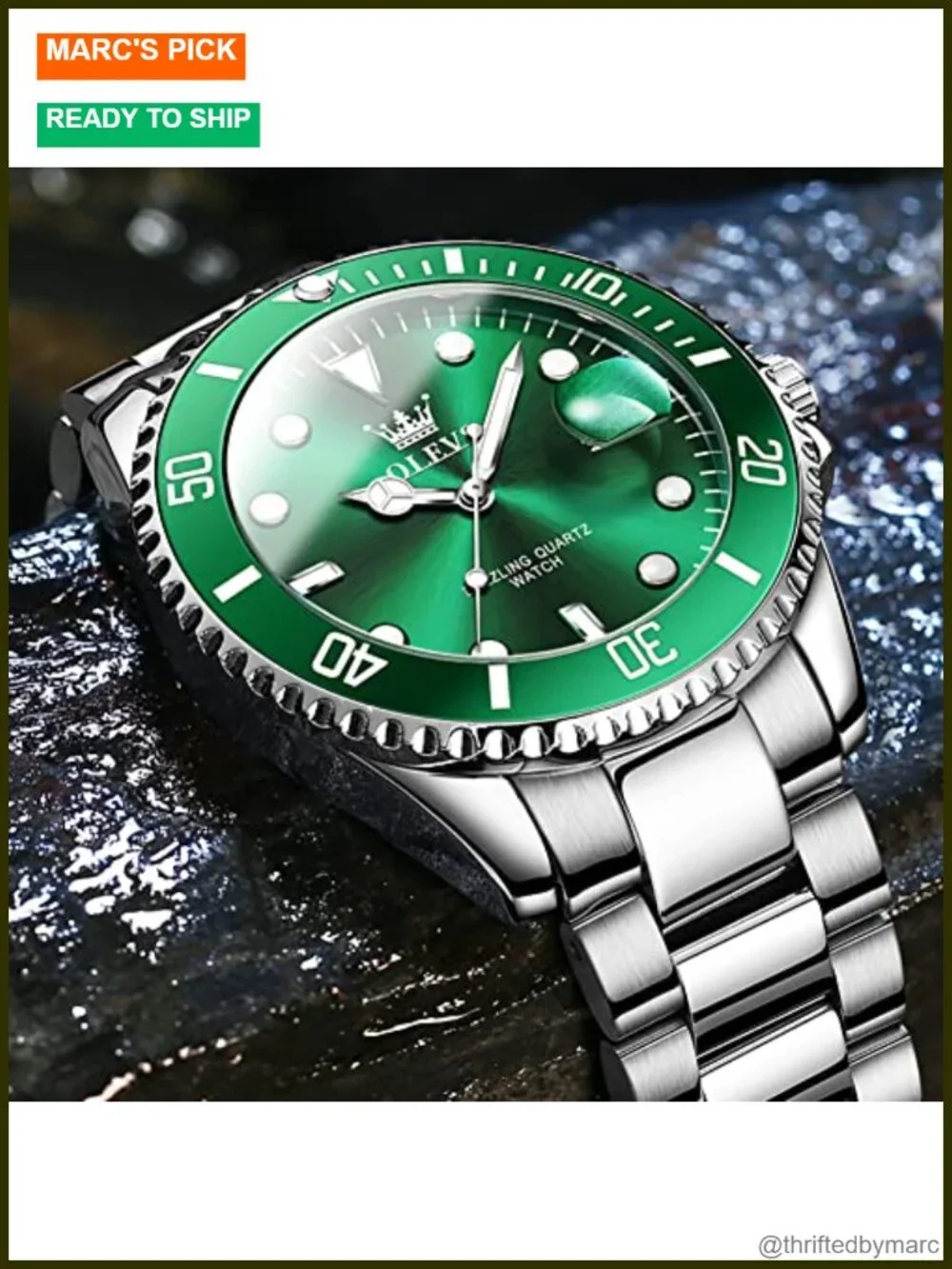 Quartz Analog Watch with Stainless Steel Strap, Luminous Hands, Date Display